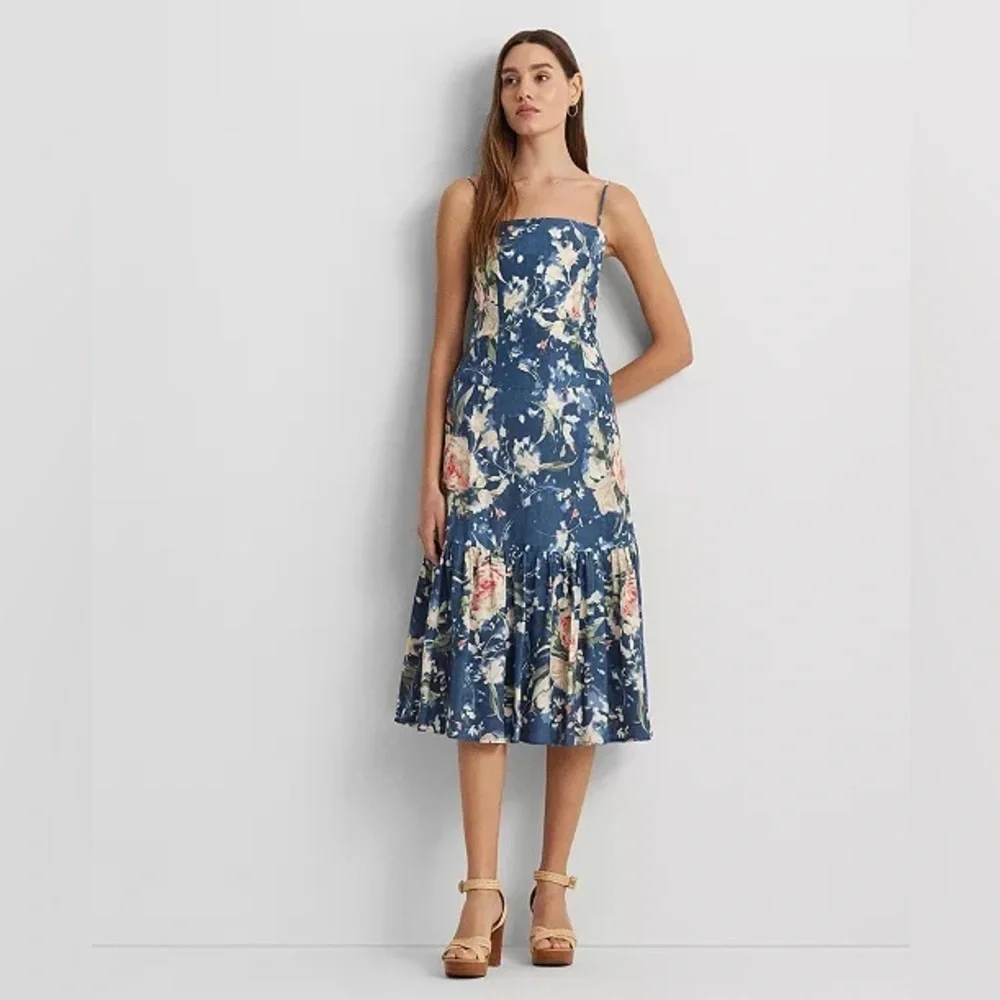 Lauren Ralph Lauren Blue Floral Spaghetti-Strap Midi Dress with Ruffled Hem